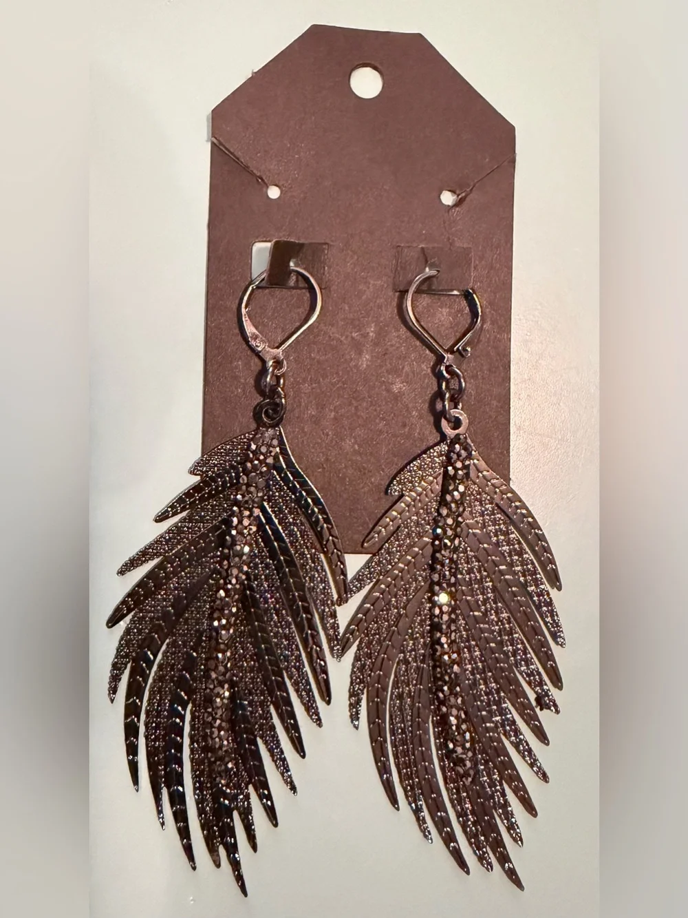 Crystal Embellished Feather Drop Earrings - Gunmetal Finish